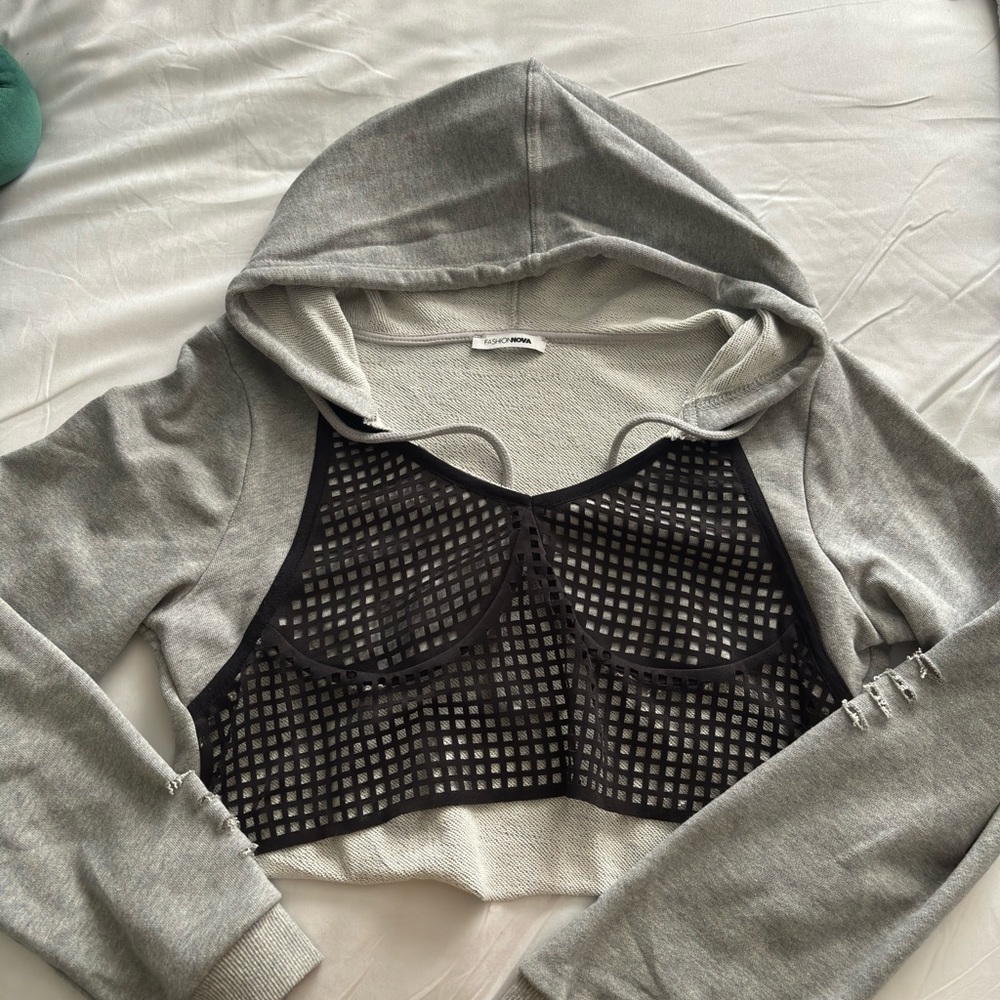 Gray and Black Mesh Crop Hoodie